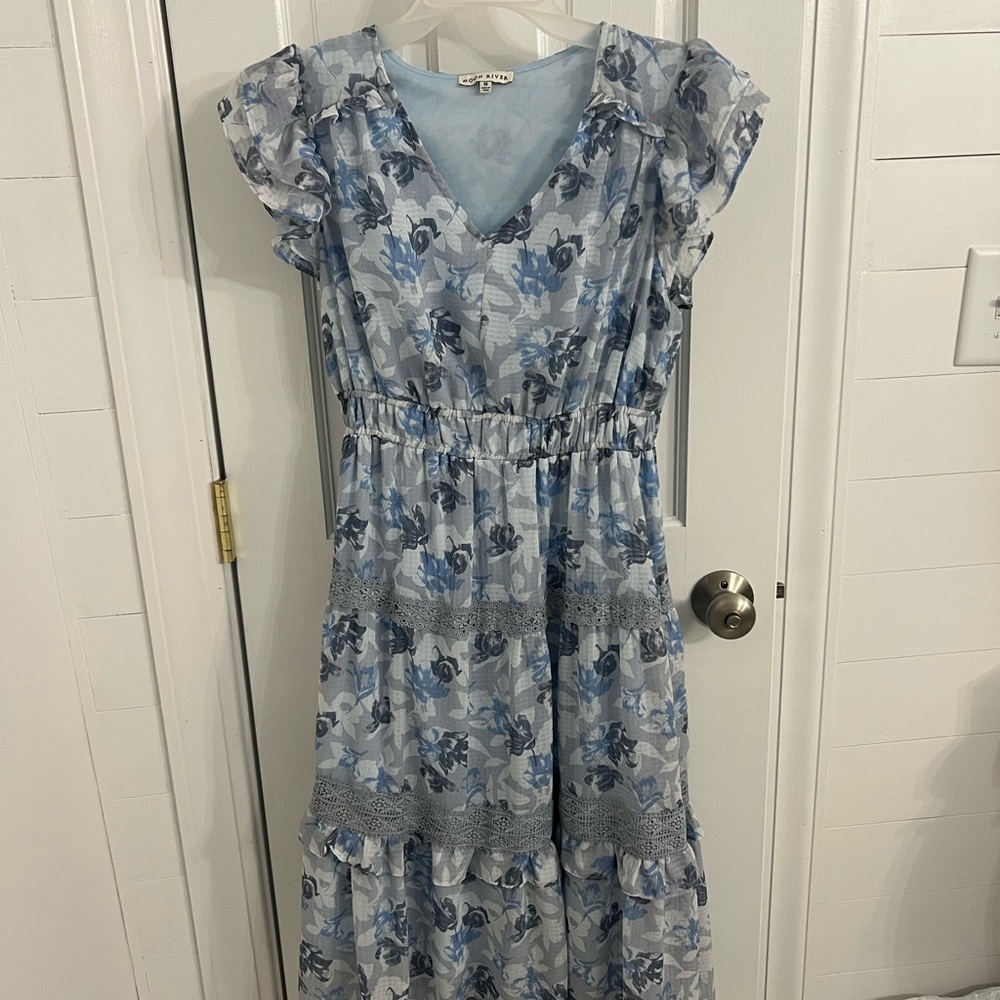 Moon River Blue Gray Maxi Sundress with Flutter Sleeves